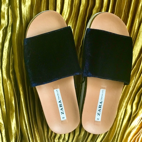 Zara Blue/Navy Velvet Platform Wedge Sandals - Picture 3 of 4